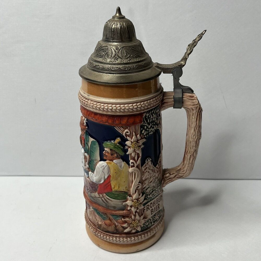 Vintage German  9.5" Original GERZ Froh Beim Bier Das Lieben Wir Beer Stein Mug